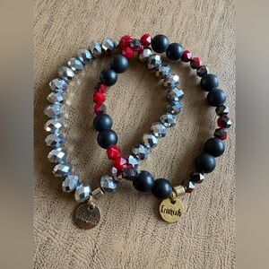 Erimish Red Black Silver Beaded Stretch Bracelet Set